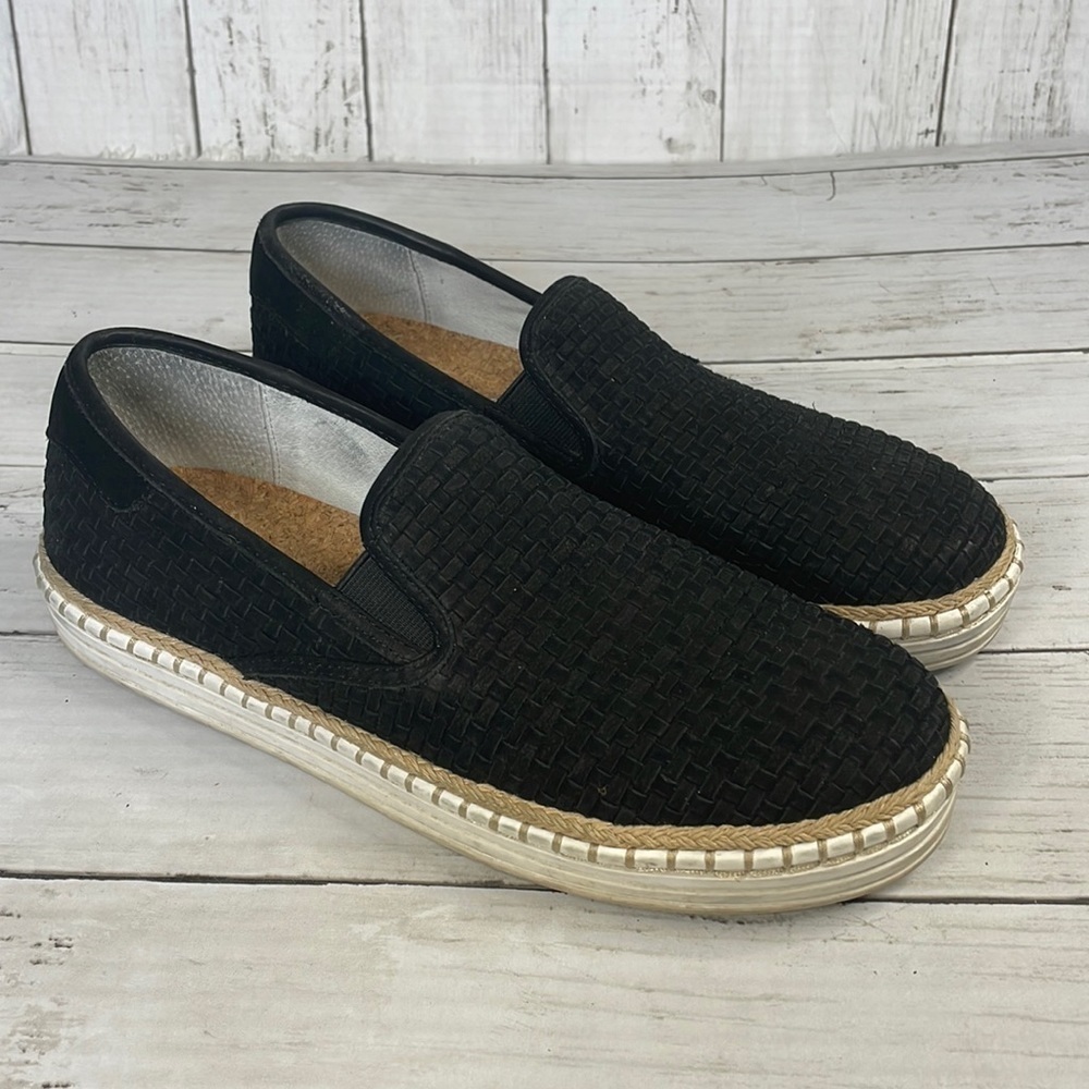 J/SLIDES Black Leather Espadrille Trim Kelly Sneaker